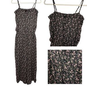 Cosoii Black Floral Wide Leg Spaghetti Strap Jumpsuit L Button Front Boho Hippie